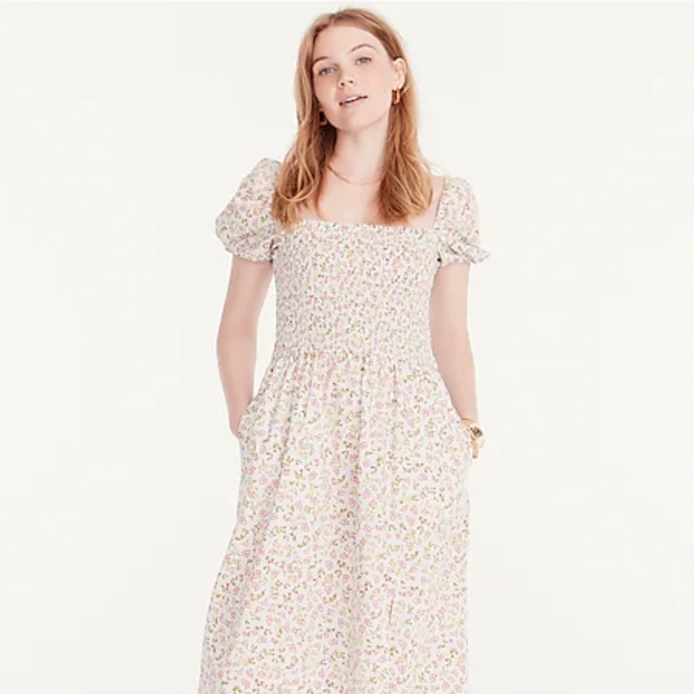 J Crew Short Sleeved Smocked Dress in Meadow Floral (sz Large, NWT)